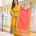 Juniper Mustard Ethnic Motif Printed Cotton A-Line Kurta Pant And Dupatta Set With Sequins