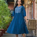 Juniper Indigo Solid Cotton Long Dress With Thread Embroidery