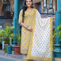 Juniper Mustard Floral Printed Cotton Kurta Pant And Dupatta Set With Lace