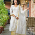 Juniper Off White Abstract Printed Cotton Kurta Pant And Dupatta Set With Sequins & Thread Work