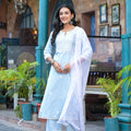 Juniper Sky Blue Solid Cotton Kurta Pant And Dupatta Set With Thread Embroidery