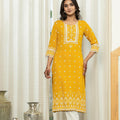 Juniper Mustard Ethnic Motif Printed Viscose Kurta With Lace