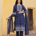 Juniper Navy Ethnic Motif Printed Viscose Kurta Pant And Dupatta Set With Sequins & Lace