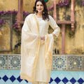 Juniper White Ethnic Motif Printed Viscose Kurta Pant And Dupatta Set With Sequins & Beads