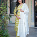 Juniper Lime Green Printed Cotton Kurta With Palazzo & Chiffon Dupatta