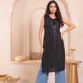 Juniper Black Geometric Embroidered Viscose Kurta With Mirror & Thread Work