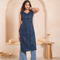 Juniper Navy Geometric Embroidered Viscose Kurta With Mirror Work And Tassels