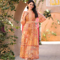 Juniper Orange Abstract Printed Chiffon Long Dress With Belt