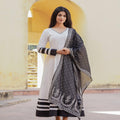 Juniper White Ethnic Motif Printed Dress & Dupatta Set With Thread Work