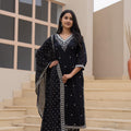 Juniper Black Printed Cotton Kurta Set With Embroidered Neckline & Dupatta