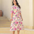 Juniper Pink Floral Printed Cotton Long Dress With Belt