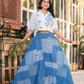 Juniper Blue Geometric Printed Cotton Top & Skirt With Thread Work