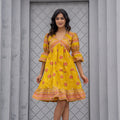 Juniper Mustard Printed Fit & Flare Dress With Tribal Border