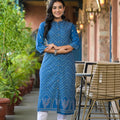 Juniper Blue Ethnic Motif Printed Viscose Kurta With Button Closure