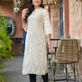 Juniper Ivory Ethnic Motif Printed Viscose Kurta With Button Closure