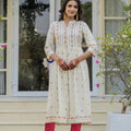 Juniper Ivory Floral Printed Cotton Kurta With Thread Work & Lace