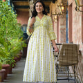 Juniper Off White & Lime Floral Printed Viscose Kurta With Sequins & Thread Work
