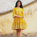 Juniper Mustard Ethnic Motif Printed Viscose Short Dress With Doris & Tassels