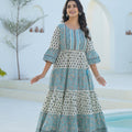 Juniper Sky Blue Ethnic Motif Printed Cotton Long Dress With Doris & Tassels