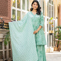 Juniper Green Ethnic Motif Printed Viscose Kurta Palazzo And Dupatta Set With Thread Work & Sequins