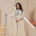 Juniper Off-White Anarkali Kurta Set With Blue Embroidery And Organza Dupatta