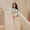 Juniper Off-White Anarkali Kurta Set With Green Embroidery And Organza Dupatta