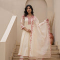Juniper Off-White Anarkali Kurta Set With Red Embroidery And Organza Dupatta