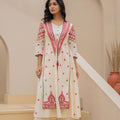Juniper Off White & Red Solid Cotton Kurta Pant & Shrug With Thread Work