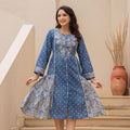 Juniper Blue Printed Cotton Dress With Lace & Buttons