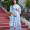Juniper Sky Blue Cotton Mirror Embroidered Kurta With Palazzo & Organza Dupatta