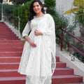 Juniper White Cotton Mirror Embroidered Kurta With Palazzo & Organza Dupatta