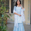 Juniper Sky Blue Cotton Mughal Printed Kurta With Gharara, Organza Dupatta, Mirror Work & Puff Print