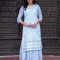 Juniper Sky Blue Chanderi Floral Mirror Embroidered Dress With Gota Lace & Glitter Work