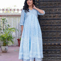 Juniper Sky Blue Chanderi Geometric Printed Mirror Embroidered Dress With Gota Lace & Glitter Work