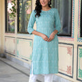 Juniper Aqua Embroidered Floral Viscose Kurta With Sequins & Cotton Lace