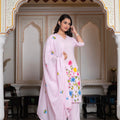 Juniper Baby Pink Hand-Painted Floral Kurta With Cotton Slub Palazzo & Cotton Voile Dupatta