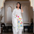 Juniper White Hand-Painted Floral Cotton Kurta With Palazzo & Lace Details