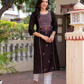 Juniper Dark Coffee Viscose Geometric Printed Kurta With Ethnic Motifs & Thread Work