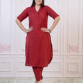 Juniper Maroon Cotton Linen Pleated Kurta-Pant Set With Cotton Lace