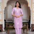 Juniper Lavender Floral Embroidered Cotton Slub Kurta With Palazzo & Hook Closure
