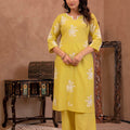 Juniper Lime Yellow Embroidered Cotton Slub Kurta With Palazzo & Thread Work