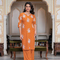 Juniper Rust Embroidered Cotton Slub Kurta-Palazzo Set With Thread Work & Cotton Lace