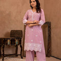 Juniper Lavender Floral Embroidered Cotton Kurta With Palazzo & Lace Work