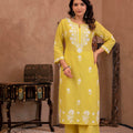 Juniper Lime Yellow Floral Embroidered Cotton Slub Kurta With Palazzo