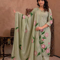 Juniper Mint Cotton Slub Floral Printed Kurta-Pant & Dupatta Set With Lace, Sequins & Bead Work