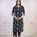 Juniper Black Cotton Slub Embroidered Kurta-Pant Set With Thread Work & Cotton Lace