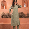 Juniper Olive Embroidered Kurta And Solid Bottom With Cotton Lace And Buttons
