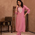 Juniper Pink Embroidered Viscose Kurta-Palazzo Set With Thread Work & Cotton Lace