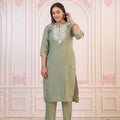 Juniper Sage Green Embroidered Viscose Kurta-Palazzo Set With Thread Work & Cotton Lace