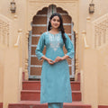Juniper Turquoise Solid Viscose Kurta & Pant Set With Thread Work & Lace